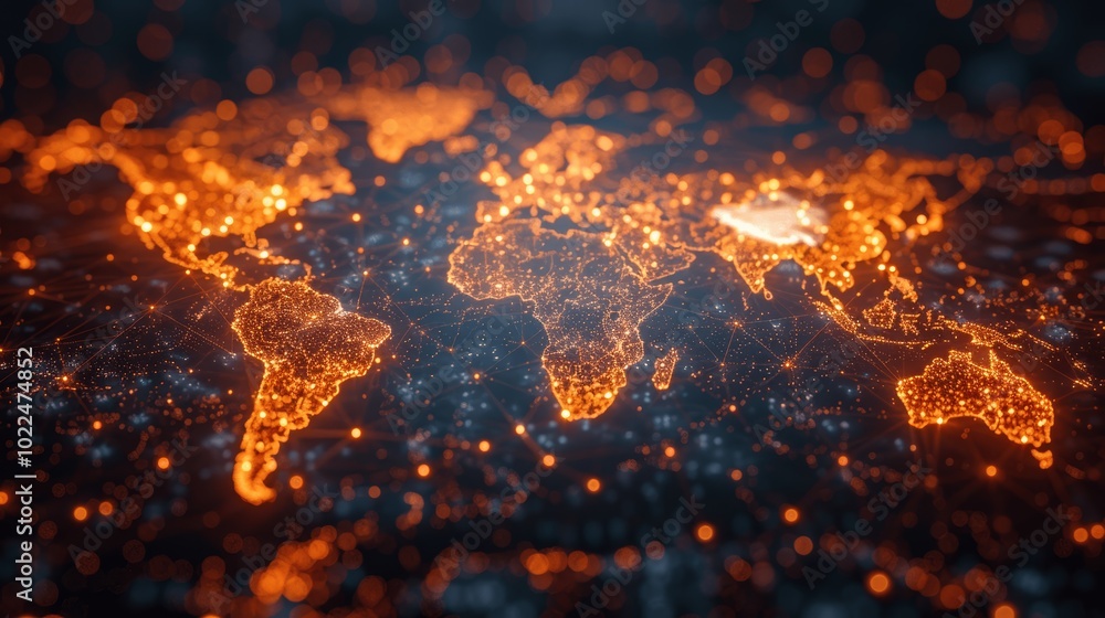 Poster digital world map global connectivity network data transfer cyber technology business on dark backgr