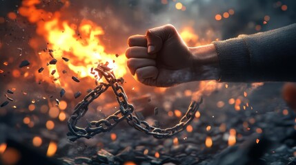 Symbols of resistance like clenched fists, broken chains, or burning effigies
