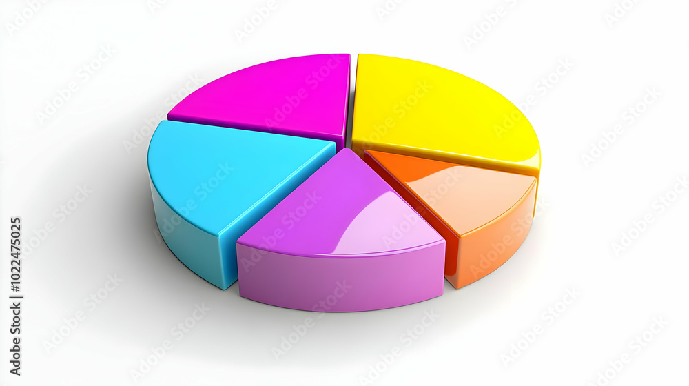Poster 3d colorful pie chart with six sections on a white background