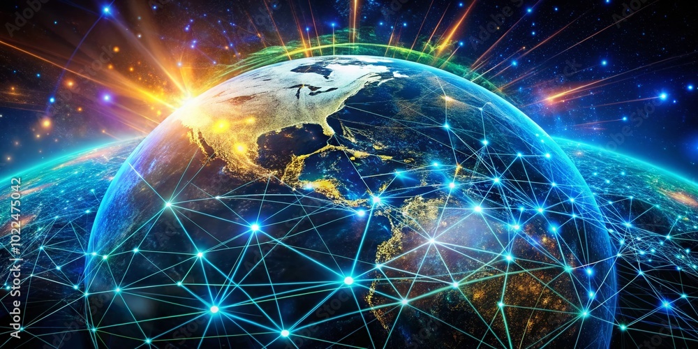 Poster surreal digital grid over earth: a global plexus network connecting business and technology