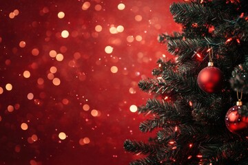 Christmas tree with decorations and sparkling fairy lights, with glittery solid red background, copy space, Merry Christmas background, holiday decor ad, festive showcase