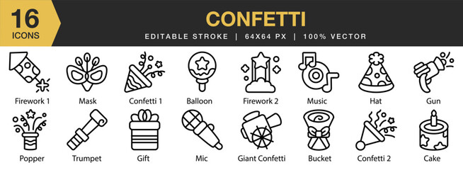 Confetti icon set. Editable Stroke Icon Collection. Includes balloon, bucket, cake, confetti, fireworks, and More. Outline icons vector collection.