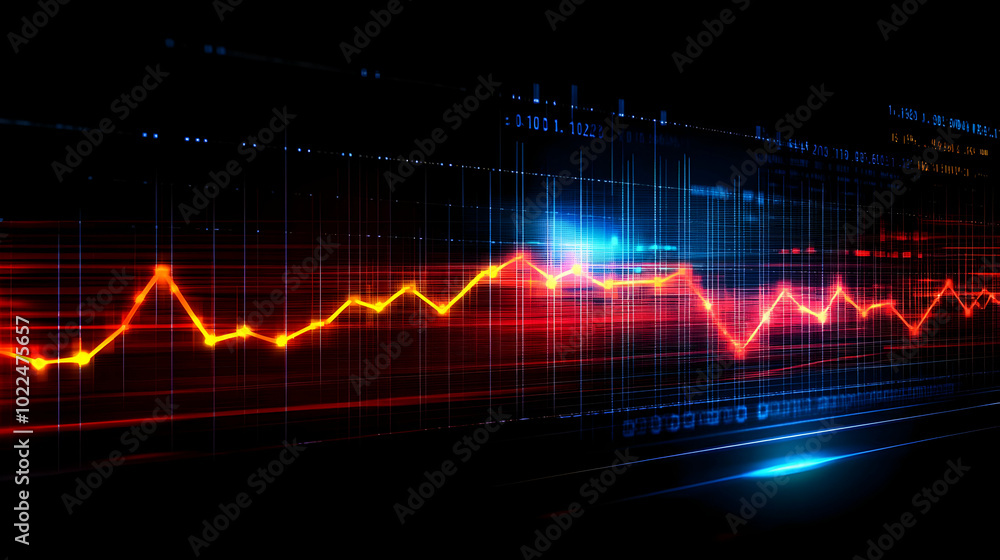 Poster abstract 3d illustration of a digital line graph with red and blue glowing lines on a black backgrou