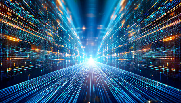 Abstract symmetric and orderly streaming digital data stream, visualization in network activities, technological processes, digital data centers