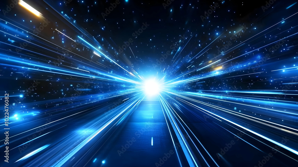 Poster abstract blue light streaks converging towards a bright center in a dark background, creating a dyna
