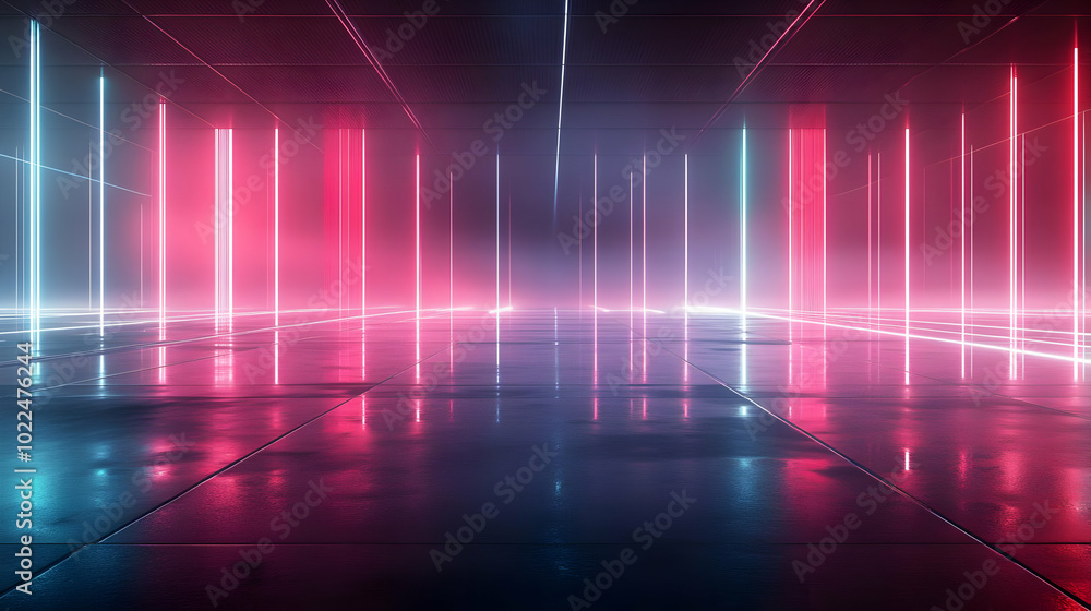 Poster 3d render of a futuristic abstract neon background with pink and blue glowing lines reflecting on we