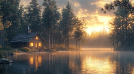 Tranquil lakeside cabin at sunset surrounded by trees.
