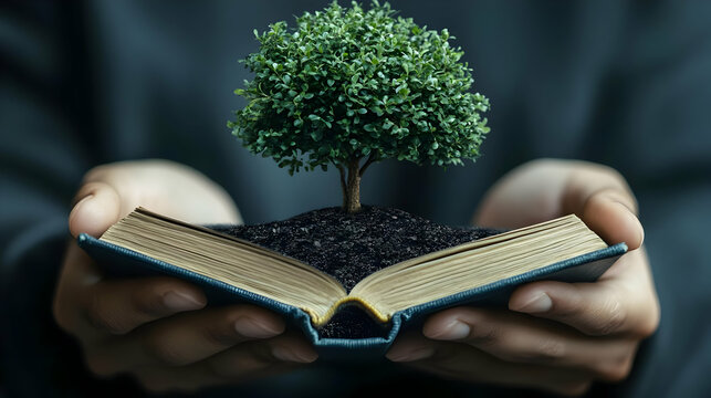 A Small Tree Growing from the Pages of an Open Book Held by Hands - Powered by Adobe