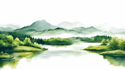 Watercolor Painting of a Serene Lake Surrounded by Lush Green Mountains and Trees, with a Misty Atmosphere, Creating a Tranquil and Peaceful Landscape