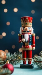 Festive nutcracker figurine standing on a mint table, with a deep navy background and holiday bokeh, copy space, Merry Christmas background, traditional holiday decor, festive nutcracker display