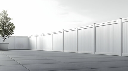 Fototapeta premium 3D Render of a White Privacy Fence in a Modern Landscape Design with a Single Tree in a Pot