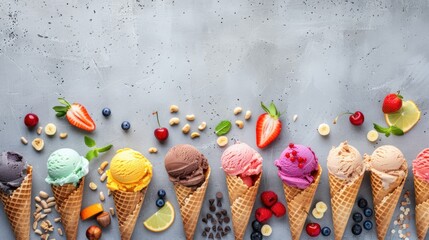 Colorful Ice Cream Cones with Summer Fruits