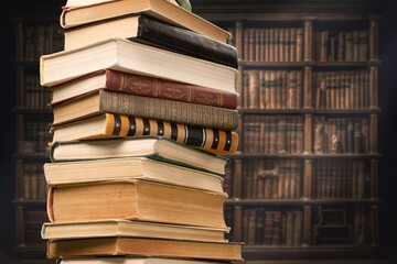 Stacks of old reading books on desk in library.