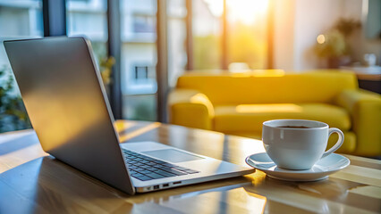 Glossy Home Office Desk with Laptop and Coffee - High Resolution Minimalistic Setup with Copy Space for Work from Home Concept