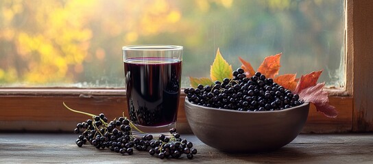A glass of black elderberry juice sits on the table, next to an ashen bowl