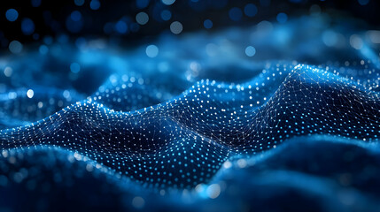 Abstract 3D Digital Network Render of a Blue Interconnected Structure with White Nodes, Blurry Background of Bokeh Effects