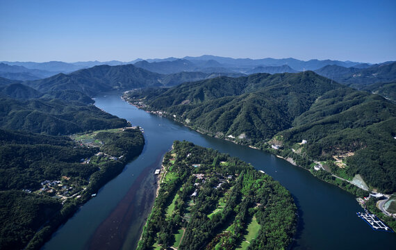 Aerial view of Nami Island near Chuncheon-si, Korea. An island on the Bukhan River built by the construction of Cheongpyeong Dam. 