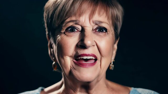 Dramatic close-up video of a middle-aged woman with a pixie cut, her expression shifting from shock to amusement under dramatic side lighting