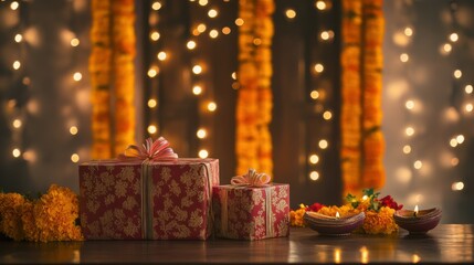 Intricately wrapped Diwali gift boxes on a polished wooden table, with a backdrop of twinkling fairy lights and marigold garlands hanging on a doorway. Copy space, happy Diwali background