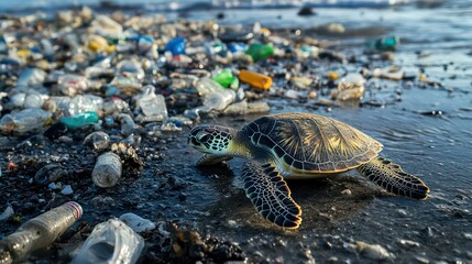 Environmental Pollution Crisis: Sea Turtle Amidst Ocean Trash on a Polluted Beach - Impact of Plastic Waste on Marine Life