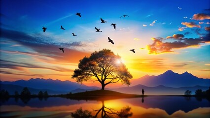 Naklejka premium Together in Harmony - Silhouette of Nature and Unity at Dusk for Serene Stock Photography