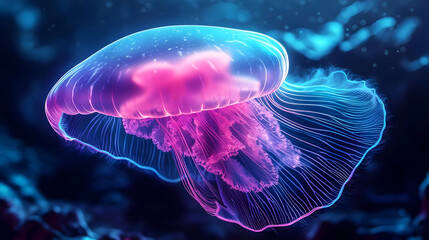 Obraz premium A Vibrant Jellyfish Glows with Pink and Blue Hues in the Deep Ocean