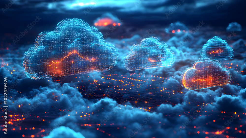 Poster 3d render of blue and orange wireframe clouds in a sky of digital data