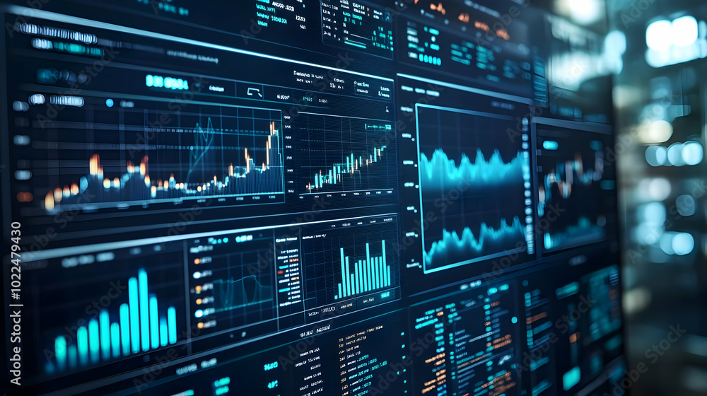 Poster close-up view of a computer screen displaying a series of financial charts and data with various lin