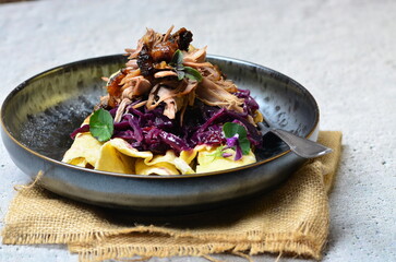 roasted duck meat, blue cabbage and potato pancakes, traditional Czech food, background of served food