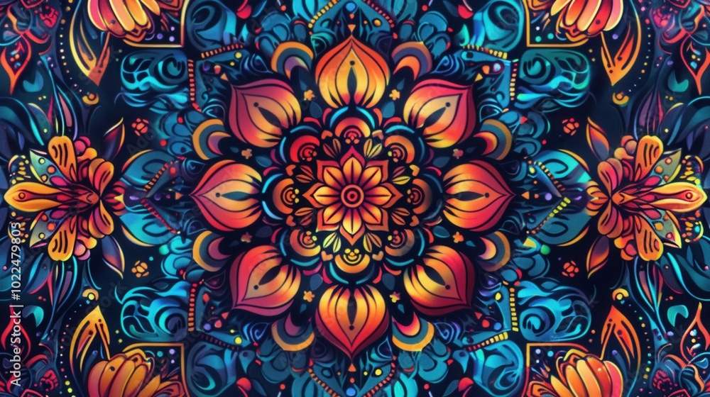 Poster intricate floral mandalas filled with vibrant colors create a mesmerizing pattern against a dark bac