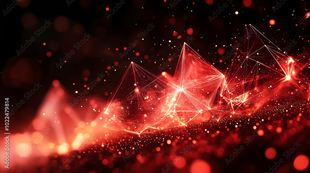 Poster abstract red network pattern with glowing points of light on dark background, digital art illustrati