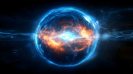 Abstract 3D Render of a Blue and Orange Energy Sphere Exploding with Sparks and Trails in Dark Space