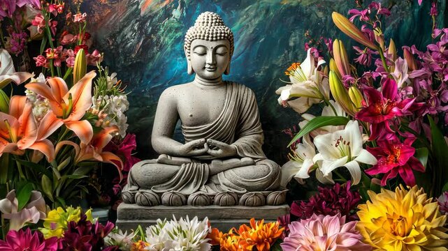 A grey stone Buddha statue sits peacefully amidst a colorful array of flowers