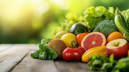 Close-up of vibrant fresh vegetables and fruits on wooden table, symbolizing healthy blood pressure foods, emphasizing natural nutrition and wellness.