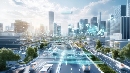 Sustainable smart eco city and greenery concept. A smart traffic system managing electric vehicles in an eco-city with green rooftops focus on transportation innovations energy-efficient transport