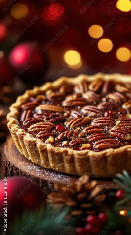 Poster pecan pie with holiday decorations, placed on a wooden table with a deep ruby background and soft ho
