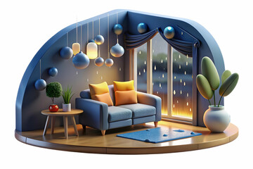 Cozy Living Room with Bokeh Effect of Rain on Window - Emphasizing Comfort Inside vs Rainy Weather Outside - Stock Photo Concept