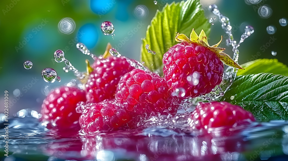 Canvas Prints Raspberry splash into water with green leaf