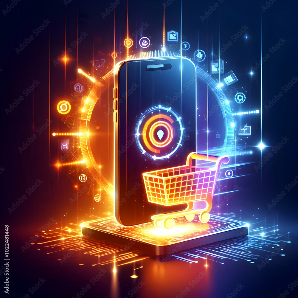 Poster glowing abstract product with floating shopping cart symbolizing cyber monday tech sales - digital a