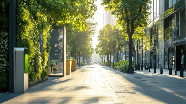 Sustainable smart eco city and greenery concept. Pedestrian-only street with smart waste bins and green walls close up on smart urban infrastructure sustainability in action.