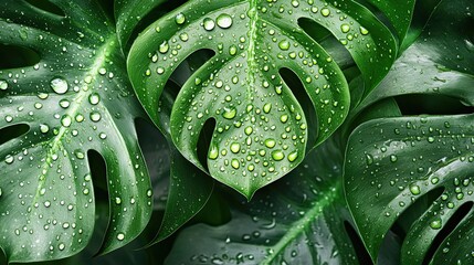 Fototapeta premium Close-up of Lush Green Monstera Leaves with Water Droplets