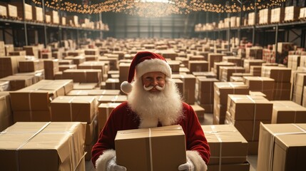 Santa claus in a vast warehouse filled with countless presents and gifts, symbolizing holiday abundance.