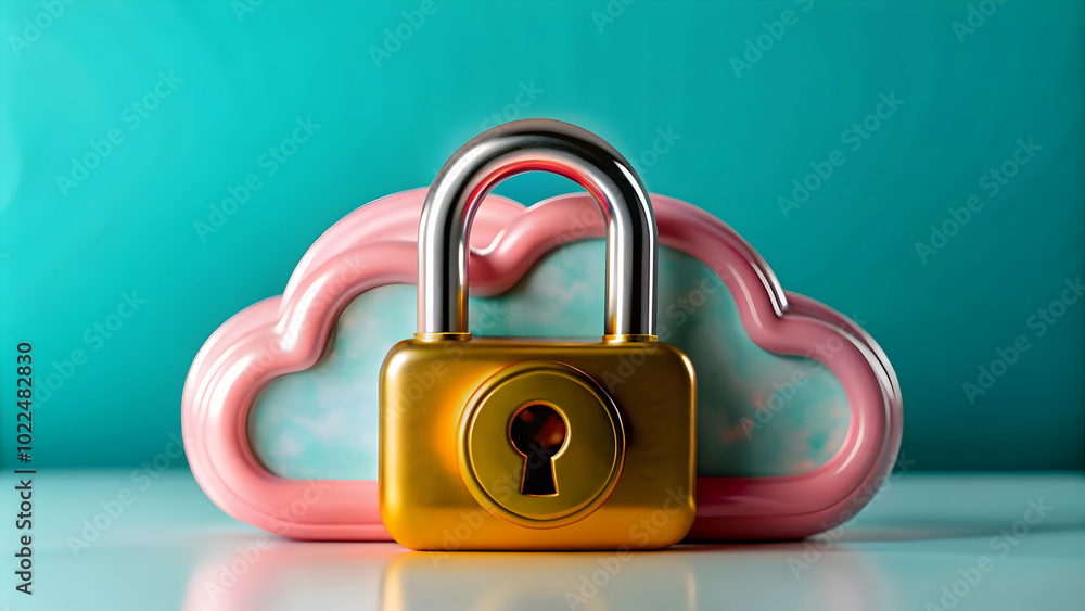 Poster glossy cloud icon with lock and key: capturing security in cloud development, perfect for photo stoc