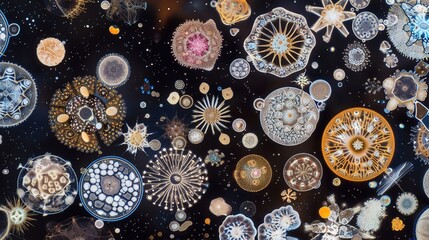 Ancient microbes under microscope reveal intricate cellular structures, showcasing their mysterious and ancient nature, ideal for scientific and educational content.