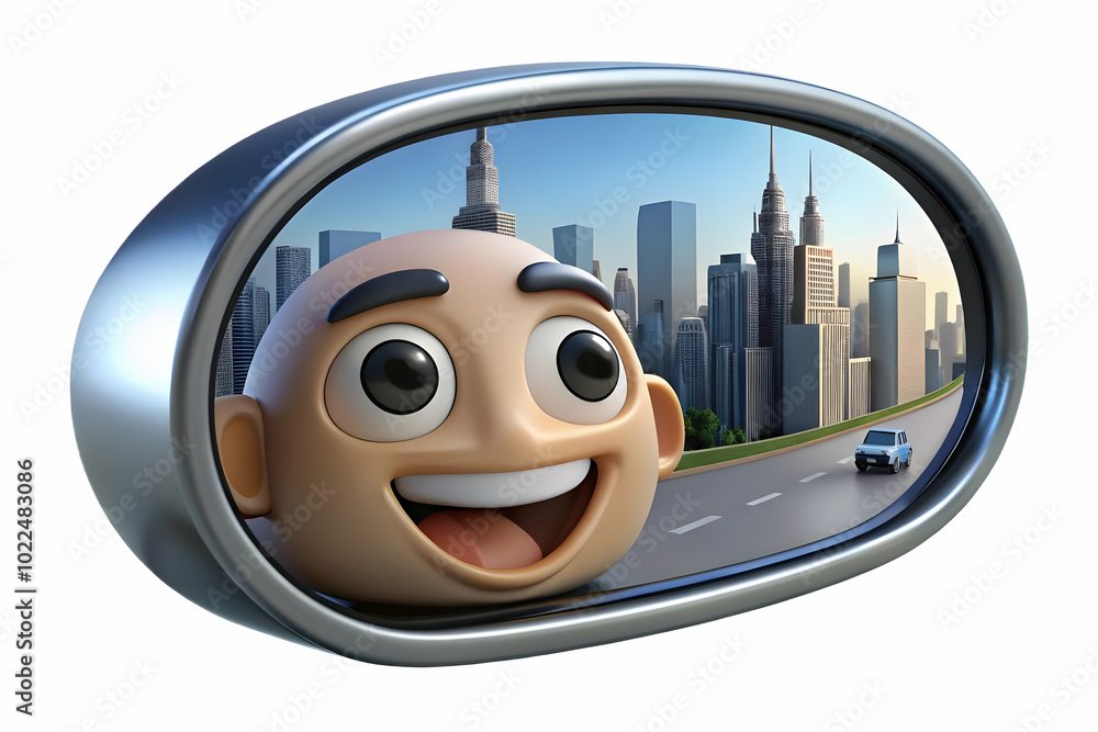 Poster close up of excited driver's face in rear view mirror with neon futuristic cityscape reflection - ma