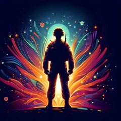Powerful Flat Vector Illustration of a Glowing Soldier Silhouette Against a Vibrant Abstract Background - Symbolizing Bravery and Honor on Hari Pahlawan