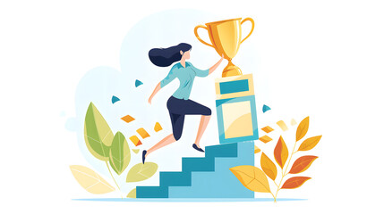 A businesswoman running up the stairs to win an award cup in flat design style with white background. Vector illustration of success and goal achievement concept for web banner