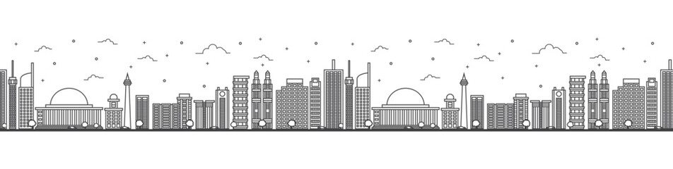 Obraz premium Seamless pattern with outline Jakarta Indonesia City Skyline with Modern Buildings Isolated on White. Jakarta Cityscape with Landmarks.