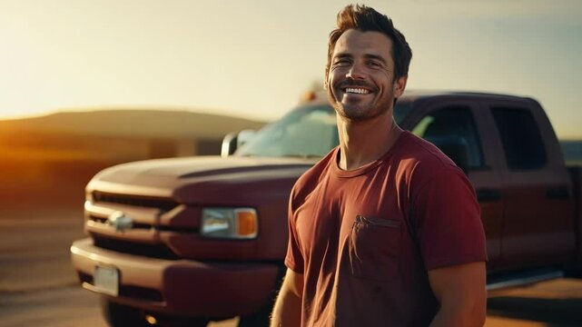 Content construction worker takes a break at sunset, smiling by his pickup truck at the site. He embodies dedication, satisfaction, and joy in his job