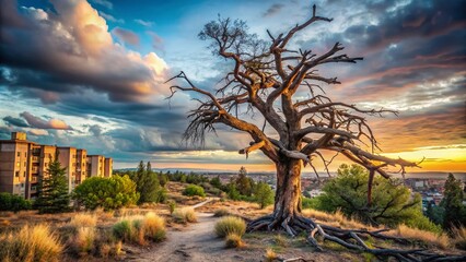 Obraz premium Vertical Pan of a Dead Pine Tree in Urban Exploration Photography